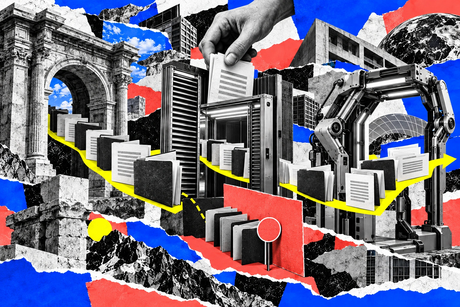 Folders pass through three distinct paper-cut architectural and mechanical gateways