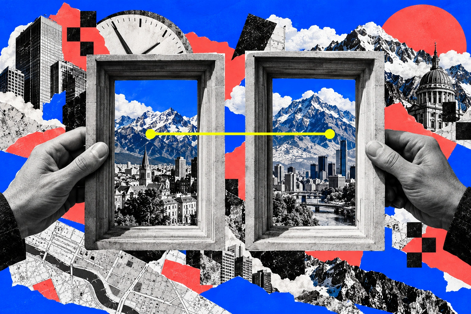 Two photographic paper windows are aligned by hands above a shared yellow route, map and clock fragments